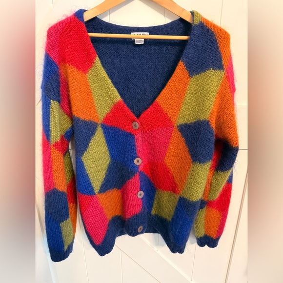 Sweaters - Vintage 1990s JL Plum mohair cardigan RN 40687 Argyle Harlequin Color Block